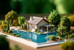 Miniature luxury house with swimming pool. generative ai photo