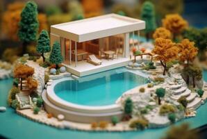 Miniature luxury house with swimming pool. generative ai photo