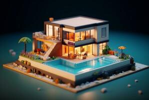 Miniature luxury house with swimming pool. generative ai photo