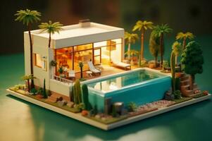 Miniature luxury house with swimming pool. generative ai photo