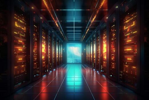 data center computer racks in network security services. generative ai photo