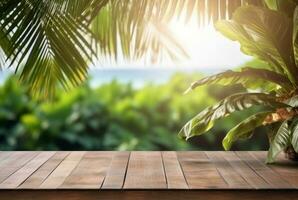 Wooden table with tropical leaves and blurred background of beach and sun light. ready for product display. generative ai photo