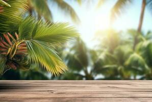 Wooden table with tropical leaves and blurred background of beach and sun light. ready for product display. generative ai photo