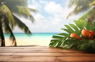 Wooden table with tropical leaves and blurred background of beach and sun light. ready for product display. generative ai photo