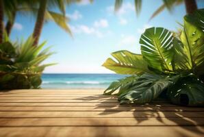 Wooden table with tropical leaves and blurred background of beach and sun light. ready for product display. generative ai photo