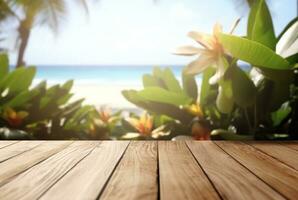 Wooden table with tropical leaves and blurred background of beach and sun light. ready for product display. generative ai photo