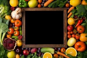 Top view of empty frame amidst fresh vegetables and fruits. generative ai photo