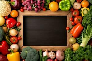 Top view of empty frame amidst fresh vegetables and fruits. generative ai photo