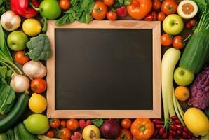 Top view of empty frame amidst fresh vegetables and fruits. generative ai photo