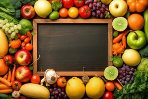 Top view of empty frame amidst fresh vegetables and fruits. generative ai photo