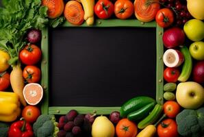 Top view of empty frame amidst fresh vegetables and fruits. generative ai photo