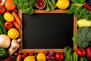 Top view of empty frame amidst fresh vegetables and fruits. generative ai photo