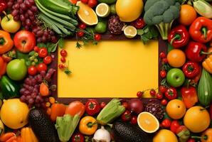 Top view of empty frame amidst fresh vegetables and fruits. generative ai photo