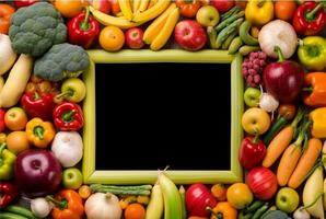 Top view of empty frame amidst fresh vegetables and fruits. generative ai photo