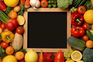 Top view of empty frame amidst fresh vegetables and fruits. generative ai photo