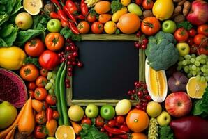 Top view of empty frame amidst fresh vegetables and fruits. generative ai photo