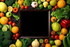 Top view of empty frame amidst fresh vegetables and fruits. generative ai photo