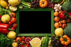 Top view of empty frame amidst fresh vegetables and fruits. generative ai photo