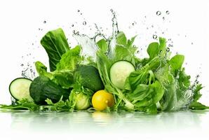 fresh green vegetables with water splashes isolated on white background. generative ai photo