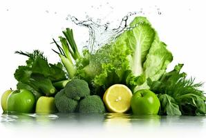 fresh green vegetables with water splashes isolated on white background. generative ai photo