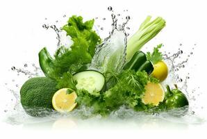 fresh green vegetables with water splashes isolated on white background. generative ai photo