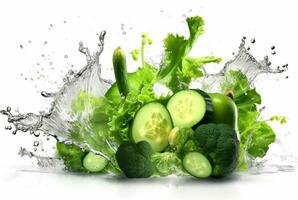 fresh green vegetables with water splashes isolated on white background. generative ai photo