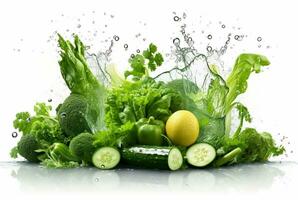 fresh green vegetables with water splashes isolated on white background. generative ai photo