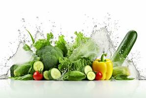 fresh green vegetables with water splashes isolated on white background. generative ai photo