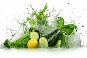 fresh green vegetables with water splashes isolated on white background. generative ai photo