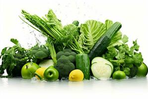 fresh green vegetables with water splashes isolated on white background. generative ai photo