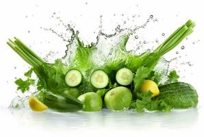 fresh green vegetables with water splashes isolated on white background. generative ai photo