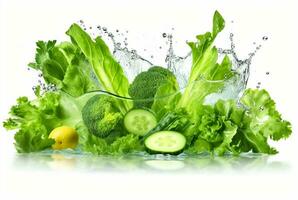 fresh green vegetables with water splashes isolated on white background. generative ai photo