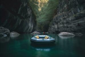 Rubber boat under the gentle flow of a waterfall. longexposure. generative ai photo