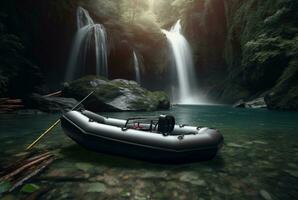 Rubber boat under the gentle flow of a waterfall. longexposure. generative ai photo