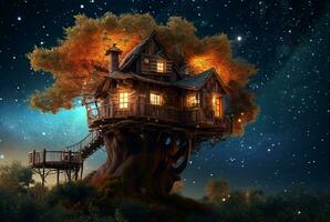 Tree house with a beautiful view of the sky at night. generative ai photo