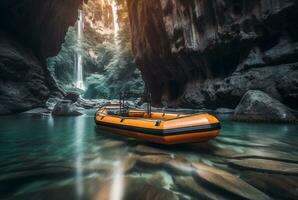 caucho barco debajo el amable fluir de un cascada. exposición prolongada. generativo ai foto