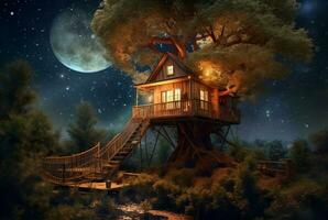 Tree house with a beautiful view of the sky at night. generative ai photo