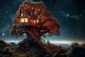 Tree house with a beautiful view of the sky at night. generative ai photo