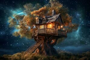 Tree house with a beautiful view of the sky at night. generative ai photo