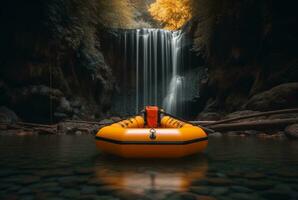 Rubber boat under the gentle flow of a waterfall. longexposure. generative ai photo