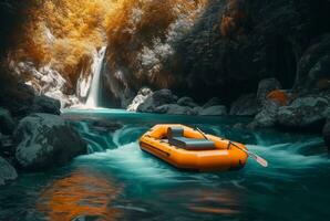 caucho barco debajo el amable fluir de un cascada. exposición prolongada. generativo ai foto