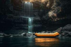 caucho barco debajo el amable fluir de un cascada. exposición prolongada. generativo ai foto