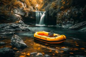 caucho barco debajo el amable fluir de un cascada. exposición prolongada. generativo ai foto