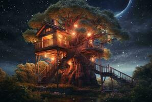 Tree house with a beautiful view of the sky at night. generative ai photo