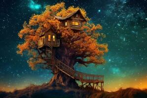 Tree house with a beautiful view of the sky at night. generative ai photo