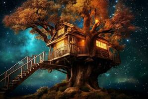 Tree house with a beautiful view of the sky at night. generative ai photo