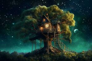 Tree house with a beautiful view of the sky at night. generative ai photo