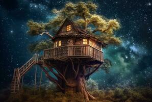 árbol casa con un hermosa ver de el cielo a noche. generativo ai foto