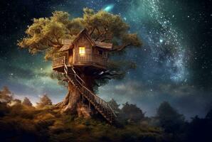 Tree house with a beautiful view of the sky at night. generative ai photo