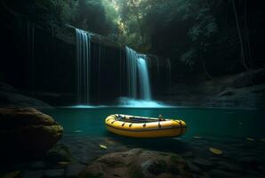 Rubber boat under the gentle flow of a waterfall. longexposure. generative ai photo